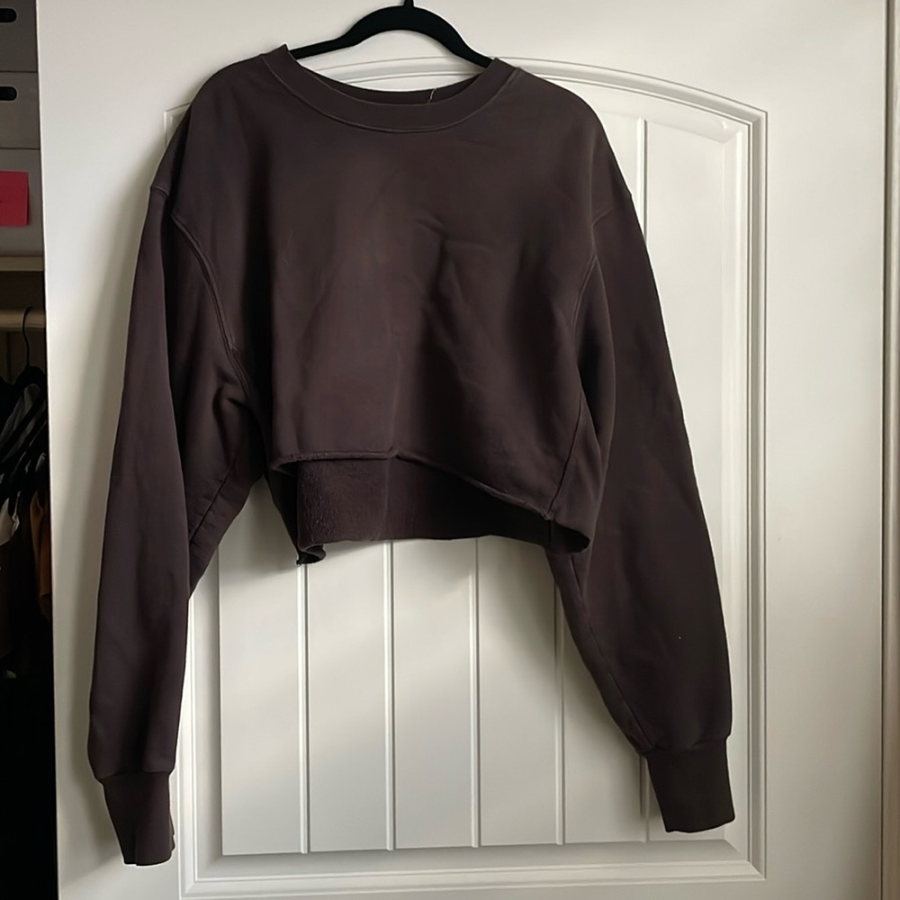 Good American raw hem cropped brown crewneck